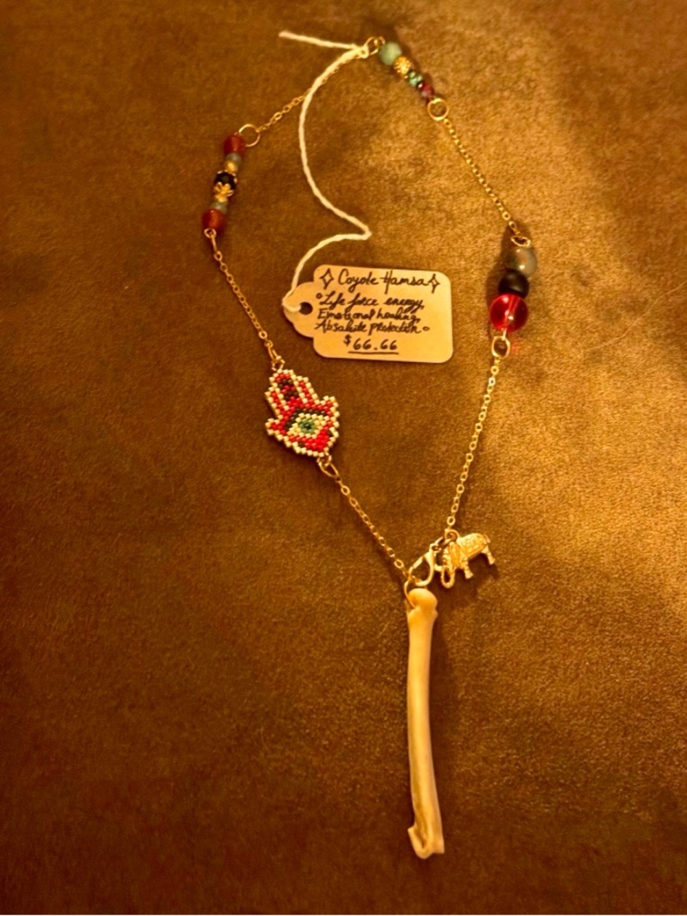 Handcrafted Multicolor Coyote Foot Hamsa Bead & Charm Pendulum Necklace